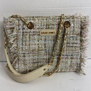 Sassy Jones Elegant Tweed Shoulder Bag in Cream and Gold with pink